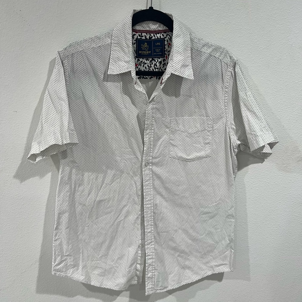 Rugby University - White Polka Dot Short Sleeve Button-Up Shirt L